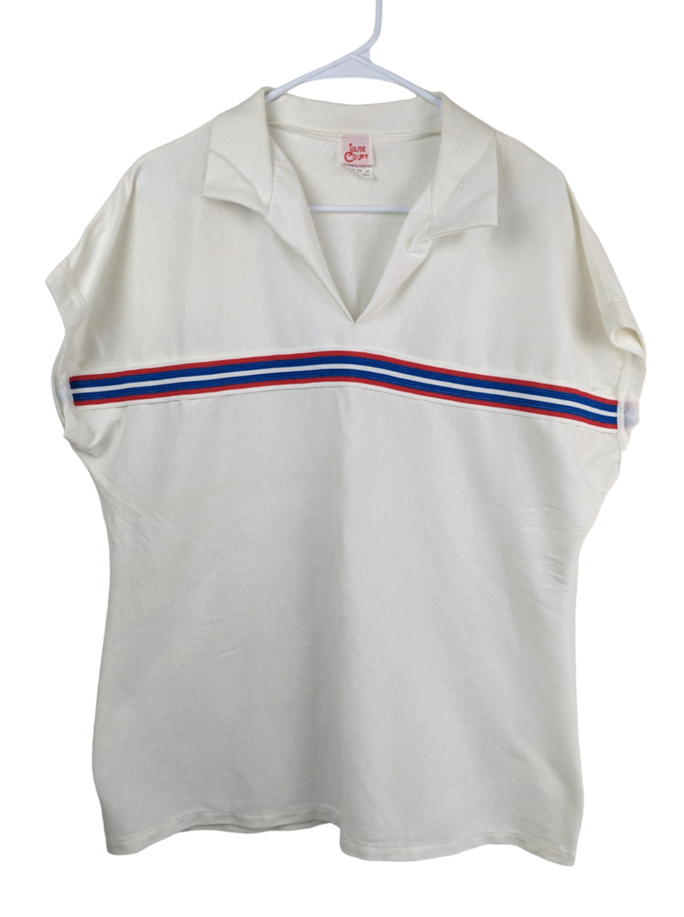 Vintage Jane Colby White Red/Blue Stripe V-Neck Polo Shirt Size 42
